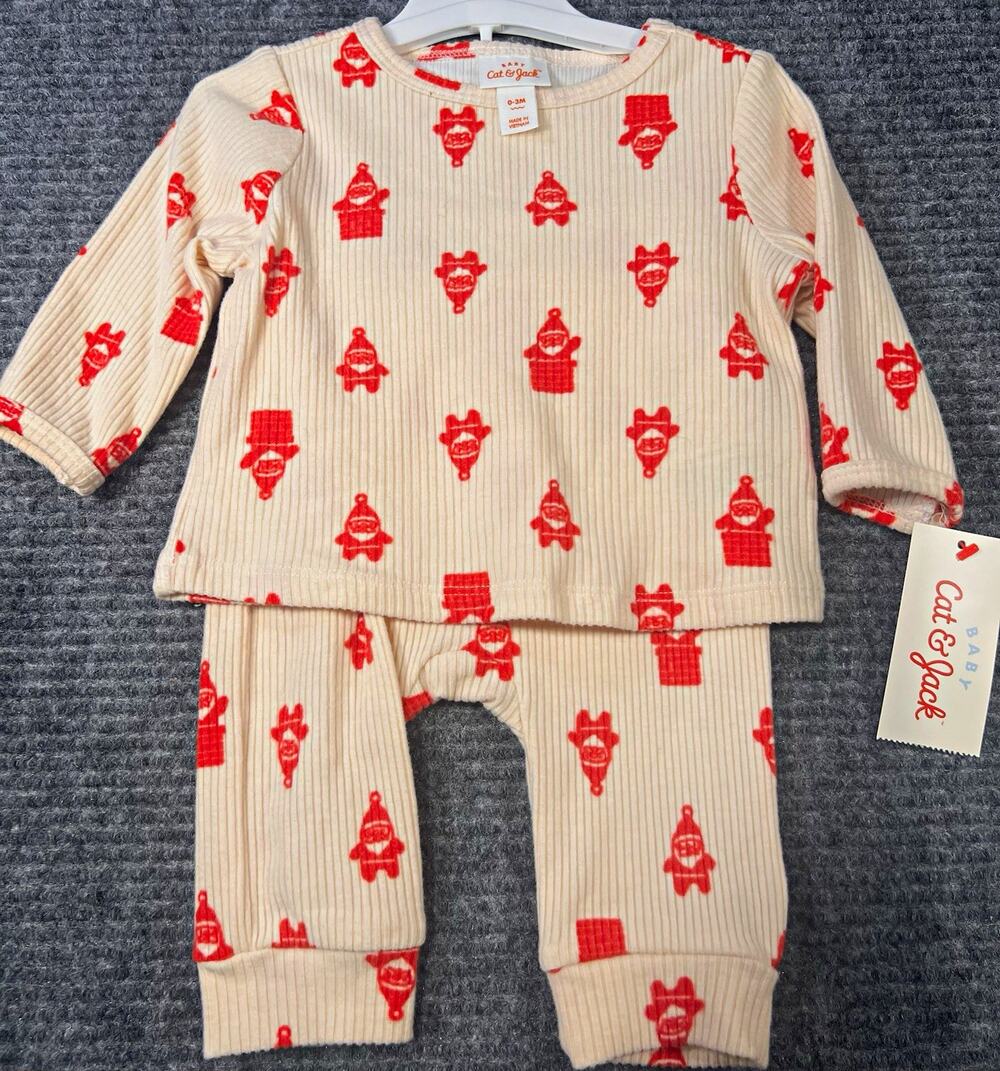 Cat & Jack Baby 3-6M Christmas Santa 2-Piece Ribbed Top & Pants Set Cream/Red